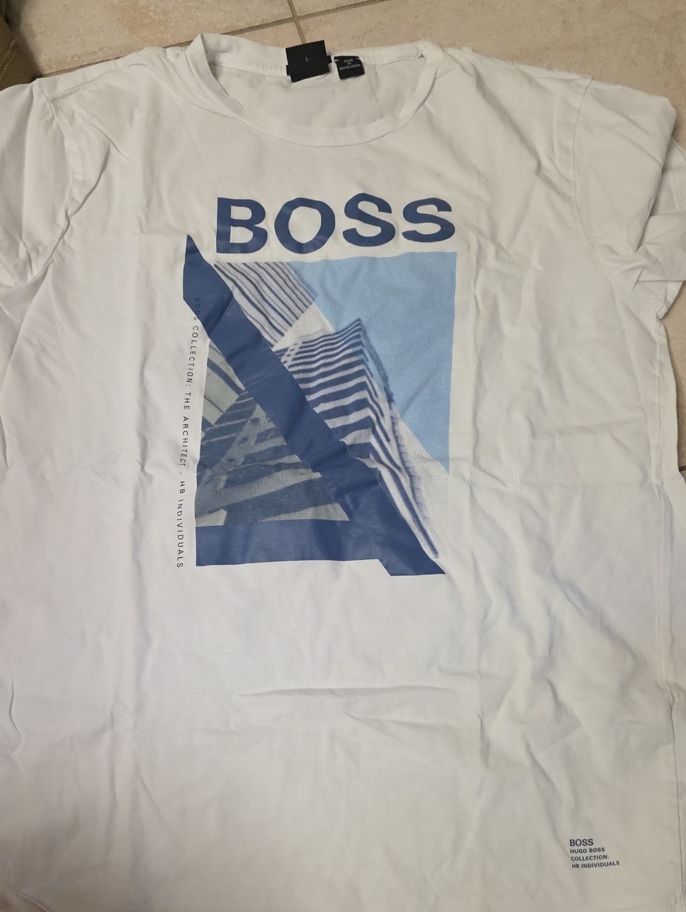 Boss White Short Sleeve Tee with Blue Graphic